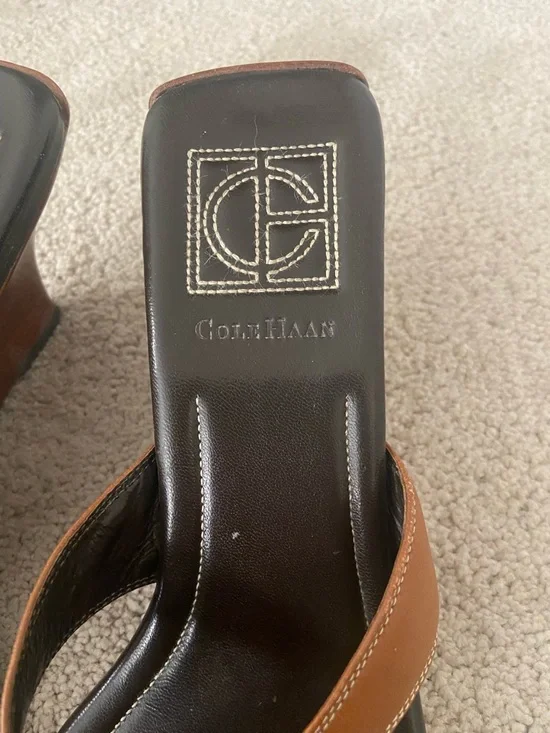 Cole Haan British Tan Brown  Leather Wedge Slide Sandals 8 - Picture 6 of 8
